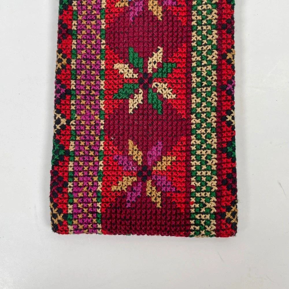 Vintage Needlepoint Floral Eyeglass Case Pouch Red Multi Cross Stitch Boho